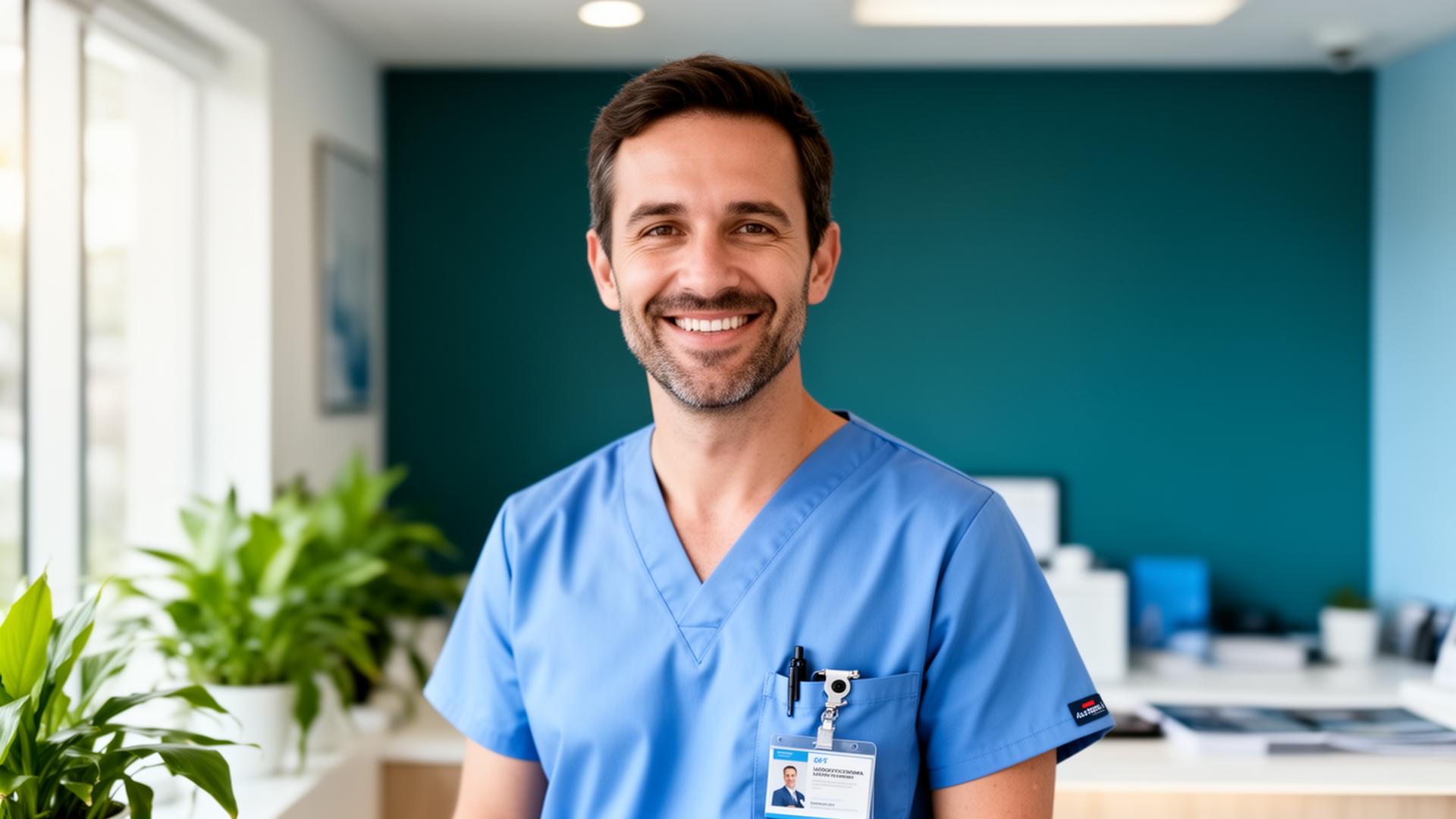 Australian after-hours GP smiling in a modern walk-in medical clinic
